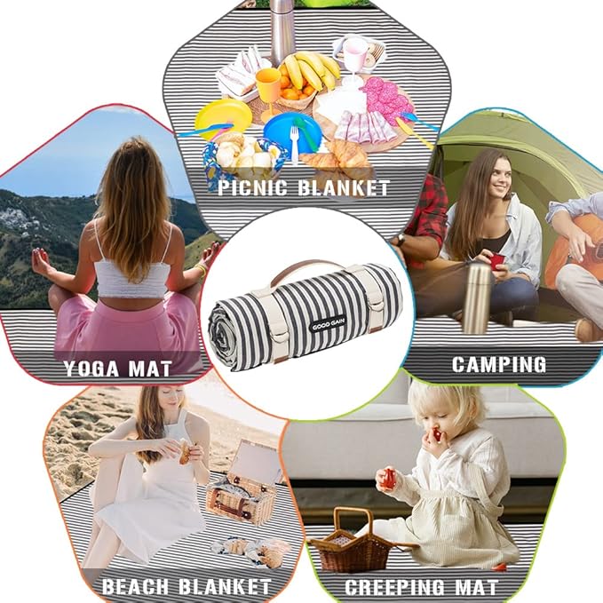 G GOOD GAIN Waterproof Picnic Blanket Portable with Carry Strap for Beach Mat or Family Outdoor Camping Party (Navy Blue)