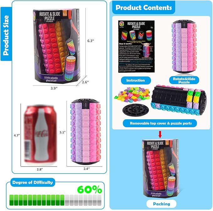 R.Y.TOYS Rotate and Slide Puzzle-Design Patent,Fidget Toys(Restore Order/Create Patterns) 12 Colors,10 Layers-Open Cover for Quick Play,Brain Teaser,Sensory Toys,Birthday Gifts,Easter Basket Stuffers