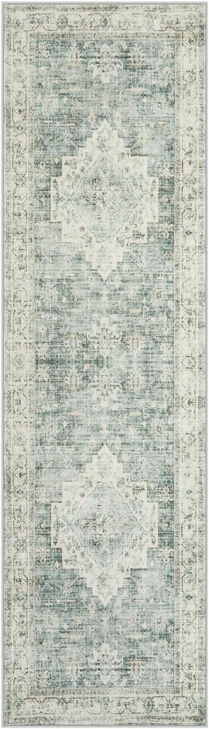 LIVEBOX Washable 2x7 Runner Rug for Bathroom, Non Slip Kitchen Mats for Floor Entryway, Boho Indoor Front Door Mat Low-Pile Runners for Hallways, Farmhouse Rugs for Laundry, Sage Green