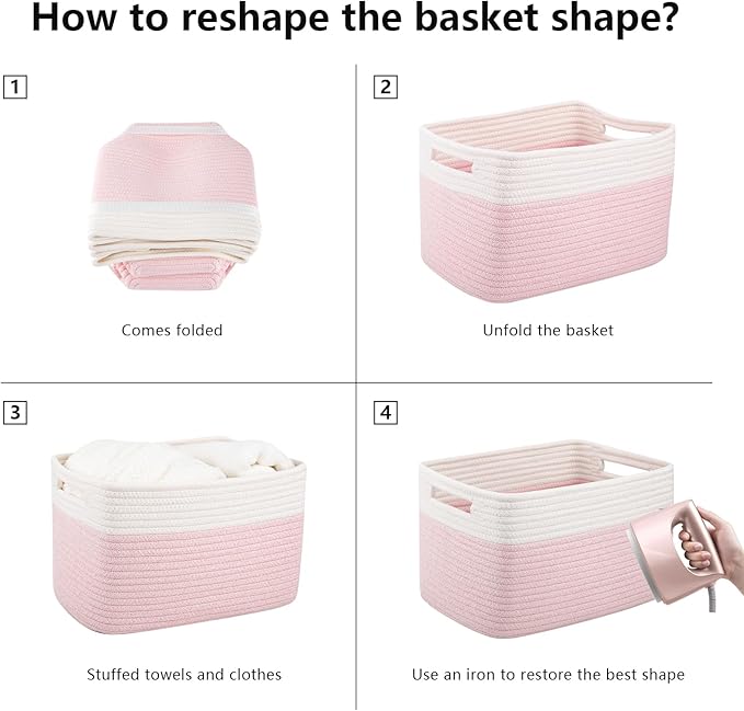OIAHOMY 4 Pack Storage Baskets for Organizing, Basket for Shelves with Handle, Woven Baskets for Storage Toys, Towels, Books, Cotton Rope Basket 13" L x 9 " W x 7.8 " H, Pink & White