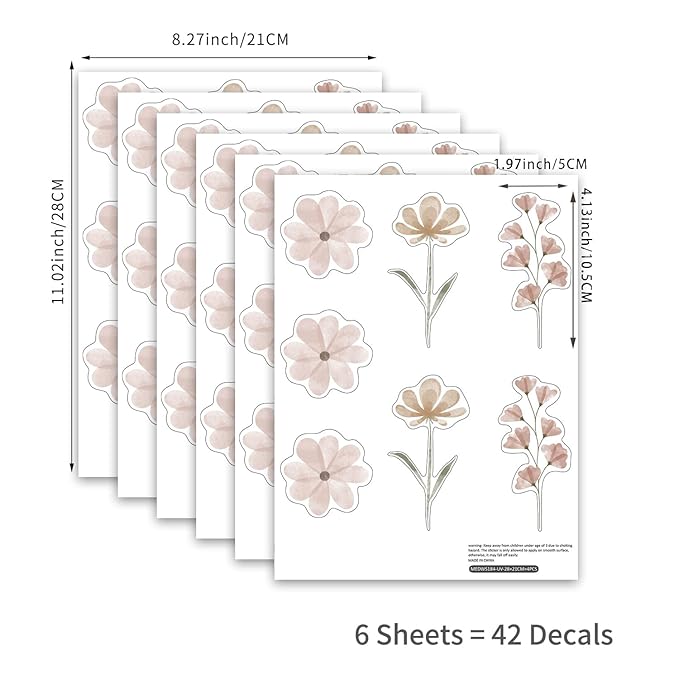 YouRfocus Daisy Wall Decals | 42 PCS Boho Flower Stickers for Girls' Rooms, Playrooms, and Nurseries | Dual Layer Print for High Coverage | Removable Peel and Stick Wall Decor (Pink-B) | 6 Sheets