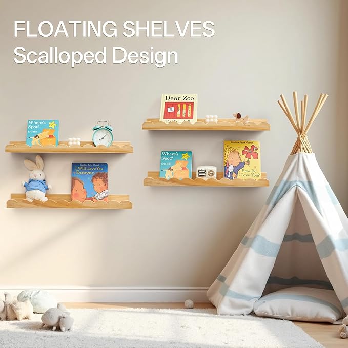 Scalloped Baby Book Shelf,Floating Shelves for Wall Set of 4 Natural Solid Pine Wood Nursery Bookshelves with Wave Lip for Bedroom Kids, Toddler Room, Baby Room, Nursery Decor(Natural,60cm)