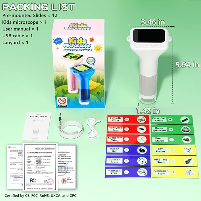 Microscope for Kids with 12 Slides, 100X-1000X 1080P Digital Handheld Kids Microscope, Mini Portable Pocket Miniscope Science Toys Gifts for 3+ 4 5 6 7 8 9 10 11 12 Year Old Boys Girls, White