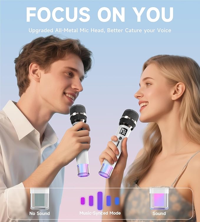 Wireless Microphones, Microphone with One-to-One Chip Connection and LED Lights, 40H Duration, 200FT Range Receiving, Volume Control Karaoke Microphone for Singing, Speech, Home Party, YouTube/TikTok