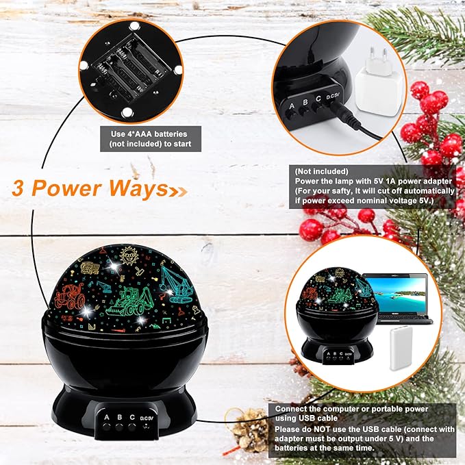 Car Truck Night Light Projector Toys for Boys Age 3-5 Toddler Tractor Nightlights 360 Degree Rotation with 17 Colors Changing Baby Ceiling Light Projector for Boys Girls Bedroom Decoration