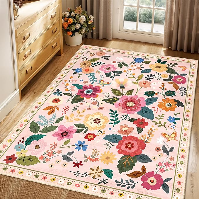 Floral 3x5 Area Rug Machine Washable Soft Print Boho Carpet Non Slip Doormat Low Pile Flower Area Rugs for Living Room Bedroom Nursery Kitchen Dining Room Indoor-Pink