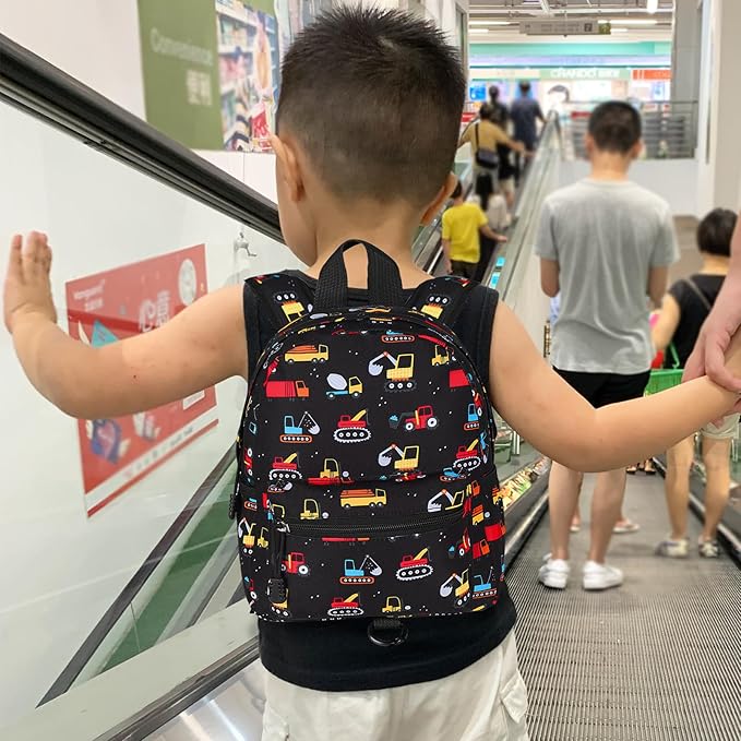 Accmor Toddler Backpack Harness with Leash, Cute Baby Backpacks with Anti Lost Wrist Link, Mini Kids Backpack Tether Walking Harness for Travel Outdoor, Black Excavator Backpack Tether for Boys Girls