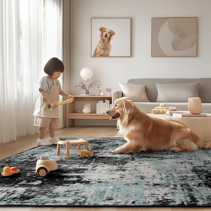 Washable Area Rugs 8'x10' Non-Slip Modern Abstract Soft for Living Room Entryway Bedroom Nursery, Print Pattern, Blue Black Teal