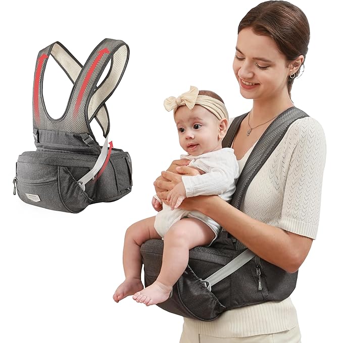 Sunveno Ergonomic Hip Seat Baby Carrier with Detachable Double Shoulder Straps, Waist & Back Relief, Breathable Mesh, Non-Slip Seat + Storage Pockets, Fits Infants & Toddlers 0-36 M up to 45 lbs
