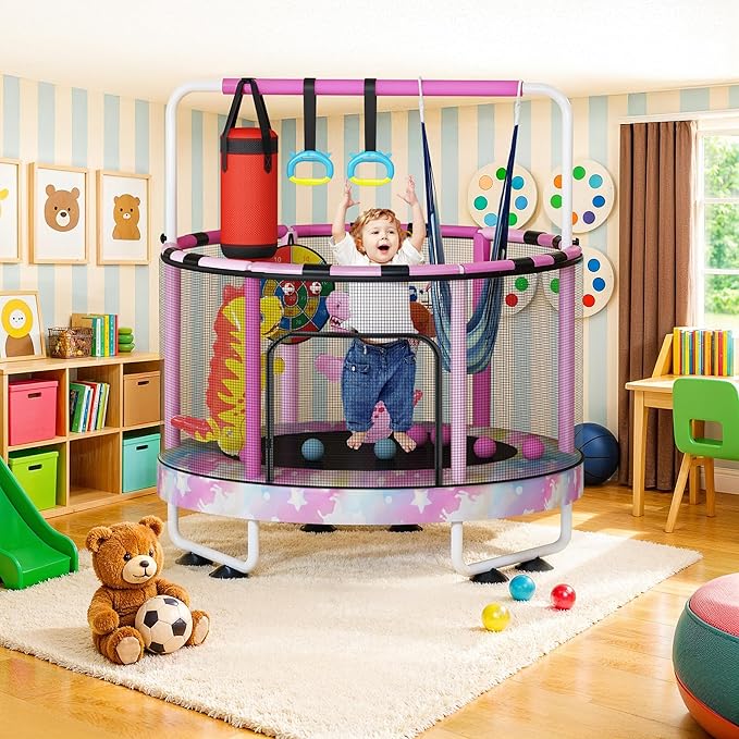 LAMERGE 55" 7-in-1 Round Trampoline for Kids Boys & Girls Ages 1-8, Indoor & Outdoor Trampoline for Fun, Adjustable Height Handrail & Enclosed Safety Net & Durable Designs for Toddlers Children