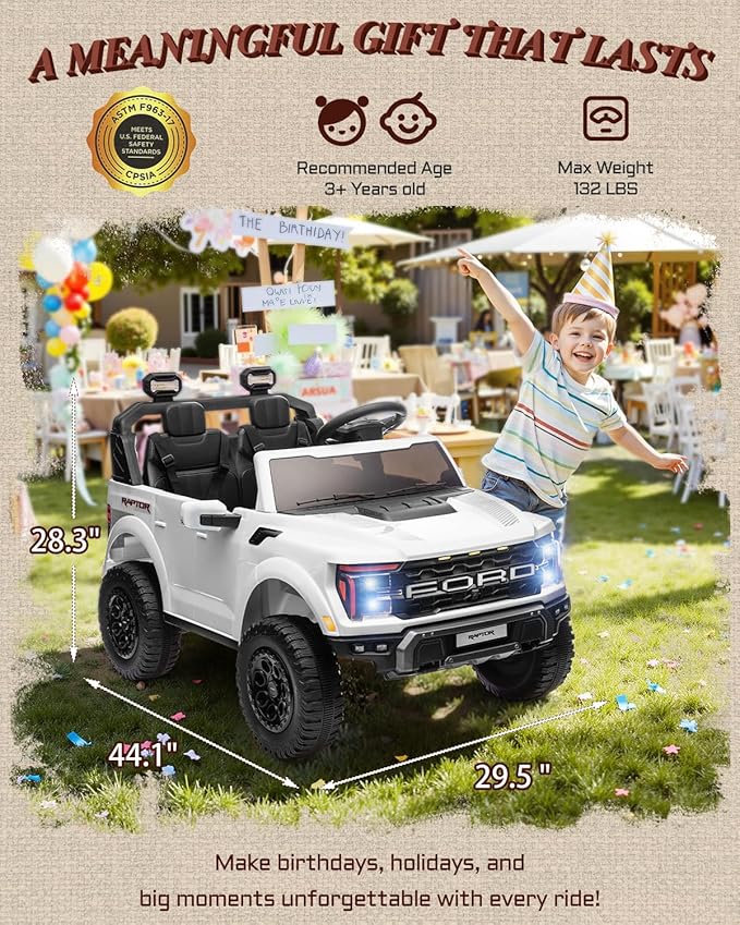 24V Kids Ride On Truck, Licensed Ford F-150 Raptor 2 Seater Electric Car w/Remote Control, Toddler Ride On Car Toys w/LED Lights, Bluetooth, Music, Truck Bed Storage, Soft Start (White)