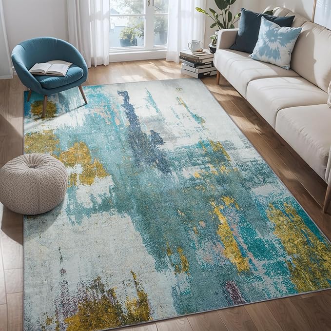 Kelarea 5x7 Blue Rugs for Living Room, Washable Non-Slip Large Rug Abstract Stain Resistant Carpet, Low Pile Soft Indoor Rug for Bedroom, Dining Room, Nursery, Kitchen, Home Office