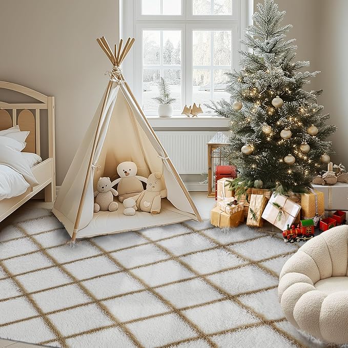 Fluffy Rug for Bedroom, Stripe Checkered Rug Anti-Skid High Pile for Living Room Bedroom Kids Room Nursery, Dorm Home Decor