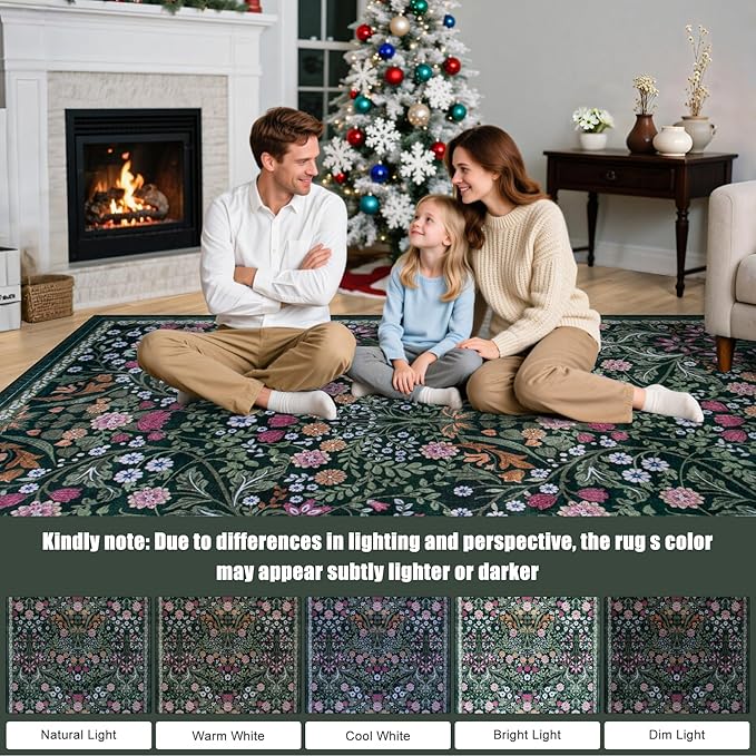 10x12 Area Rugs for Living Room: Floral Washable Rug Vintage Large Soft Boho Non-Slip Carpet Stain Resistant Low Pile Carpets for Bedroom Dining Room Farmhouse Nursery Hallway Home Office Dark Green