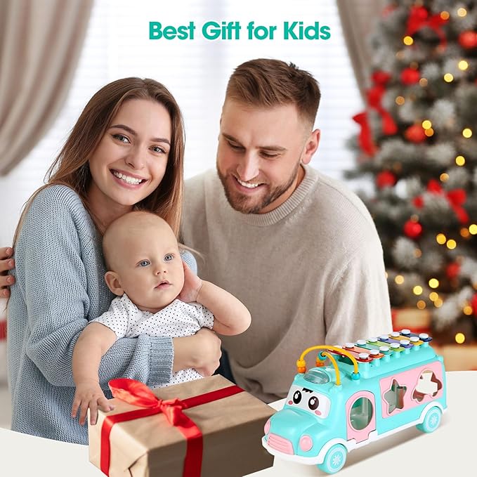 Baby Xylophone for Toddlers 1-3, Bus Shaped Toy Xylophone for Kids with Child Safe Mallet, Shape Sorting Educational Musical Toys and Instruments for Toddlers 1-3
