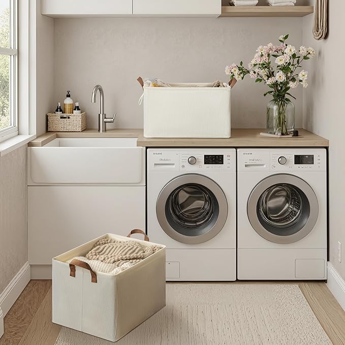 StorageWorks Storage Bins, Shelves Baskets for Organizing, 45L Extra Large Fabric Closet Organizers with Handles, Metal Frame, Beige(Texture), 2-Pack