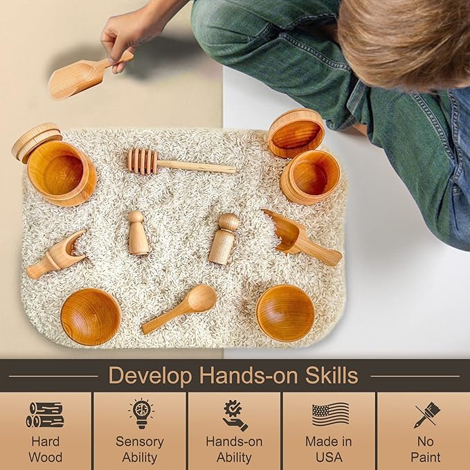 Wooden Tool Set for Sensory Bin (10 Piece), Child-Sized Montessori Sensory Toys for Developing Fine Motor Skills, Smooth Wooden Toys, Bin Scoops and Tools