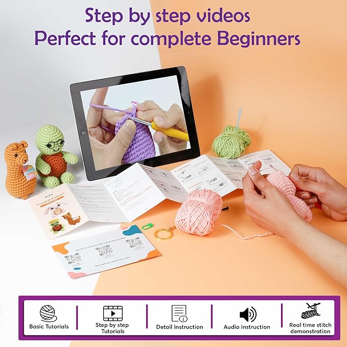 A-URA Learn to Crochet Kit for Beginners Kids and Adults, Premium 3 Animal Pattern Large Size Beginner Crochet Kits with Easy Tube Yarn & Step-by-Step Video Tutorials (Safari Friends–Larger Plushies)