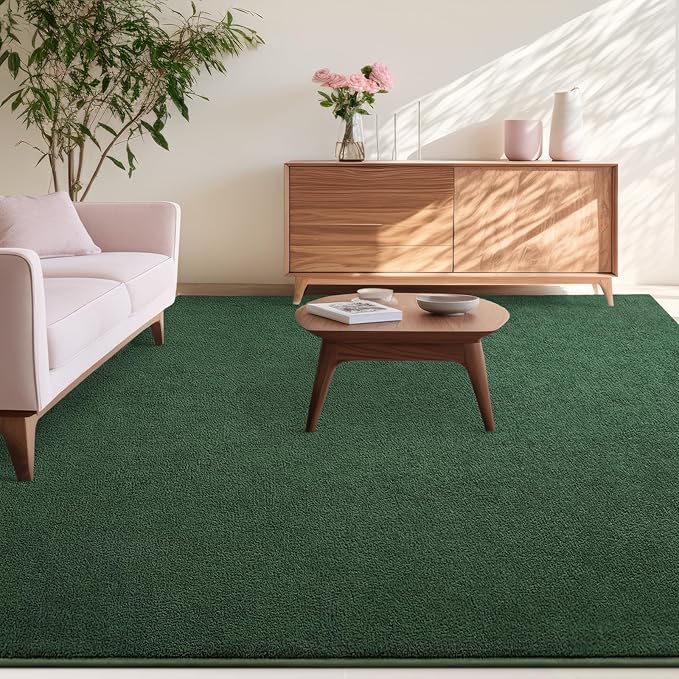 Kimicole 4x6 Washable Area Rugs for Bedroom Living Room, Low Pile Ulta-Thin Solid Color Rug, Non-Slip Soft Fluffy Carpet for Nursery Kids Room Dorm Room Home Decor (Dark Green)