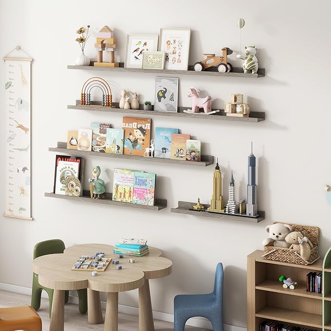 Picture Ledge Shelf, 56 Inch Elm Wood Floating Shelves for Wall, Nursery Bookshelf for Storage with Lip, Photo & Picture Ledge Shelves for Bedroom, Living Room, Kitchen (Grey, 56in Set of 2)