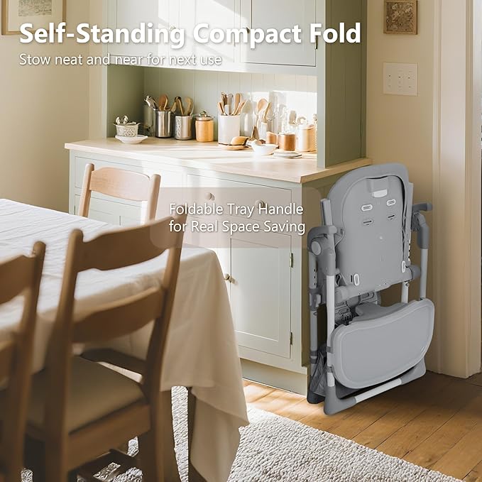 Kinder King Convertible Baby High Chair, Adjustable Feeding Chair for Babies and Toddlers with Removable Double Tray, Simple Compact Fold for Space-Saving, 2 Built-in Wheels, Easy to Clean, Gray