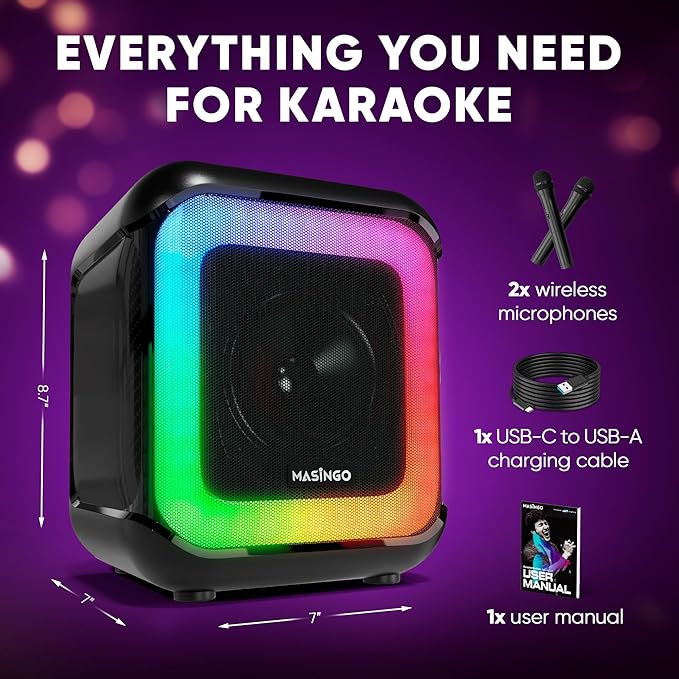 MASINGO Karaoke Machine for Kids and Adults with 2 Wireless Bluetooth Microphones, PA Portable Speaker Toy for Girls and Boys with Colorful LED Lights, Supports TF Card/USB, TWS for Home Party, C7