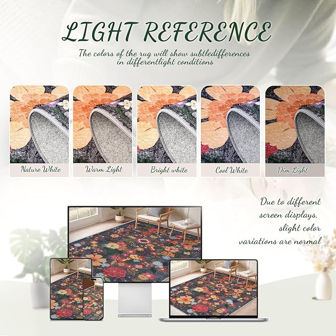 9x12 Area Rug for Living Room: Vintage Floral Washable Rug Soft Boho Non Slip Carpet Large Indoor Floor Non Shedding Low Pile Thin Carpets for Bedroom Dining Room Farmhouse Nursery Home Office Black