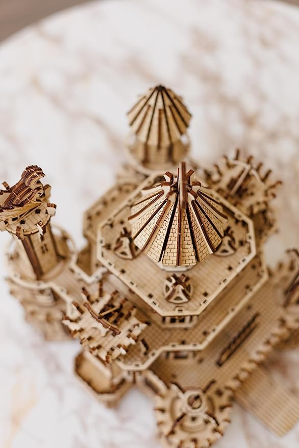 Wood Trick Dragon Castle Movable Wooden 3D Puzzles for Adults and Kids to Build - Red LED - Greensleeves Melody - Towers Rotating - Engineering DIY Project Mechanical Model Kits for Adults