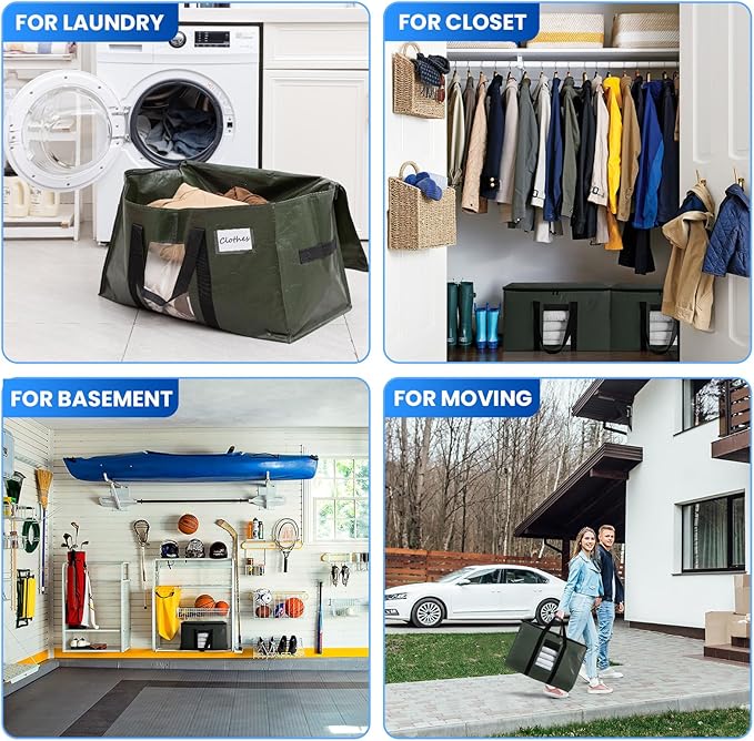 TAILI 8 Pack Green Extra Large Storage Bags, Heavy Duty Totes with Visible Window, Wrap Around Handles, Perfect for Moving