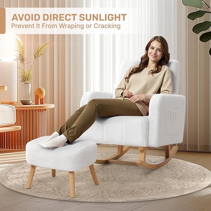 Rocking Chair with Ottoman, Upholstered Nursing Glider Rocker with High Backrest and Side Pocket, Comfy Reading Chair with Solid Wood Legs for Nursery/Living Room/Bedroom White