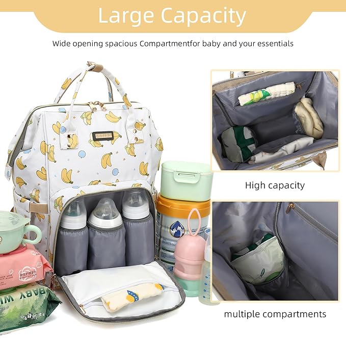 Diaper Bag Backpack, Diaper Bags for Baby Girls Boys, Baby Bags for Moms Dads, Nappy Changing Bag with Insulated Pockets,Multi-functional Waterproof Backpack with Stroller straps -Beige Banana