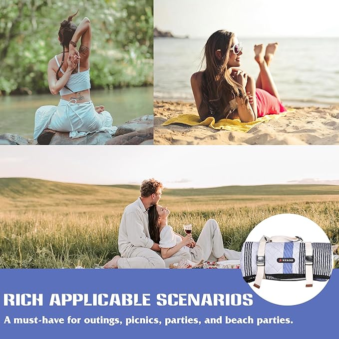 Waterproof Picnic Mat, Outdoor Camping Oversized Field Blanket. Portable Thickened Camping Blanket, Suitable for Beach, Camping, Music Festival, Party, Outdoor Adventure. (Black&Blue&White, 80”x60”)