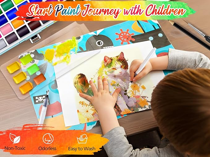 Caliart Watercolor Paint Set, 48 Colors with 3 Brushes, Mini Travel Watercolors Painting Kit Gifts for Adults Artists Painters Kids Teen Girls Boys Art Supplies