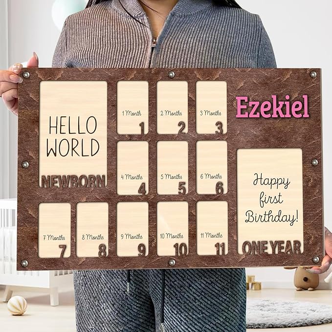 Personalized My First Year Photo Frame | 12 Months Picture Frame For Baby First Year | Displays Two 4x6 Photo and Twelve 2x3 Pictures | Birthday Party Decor Newborn Memory Keepsake, Style MP6