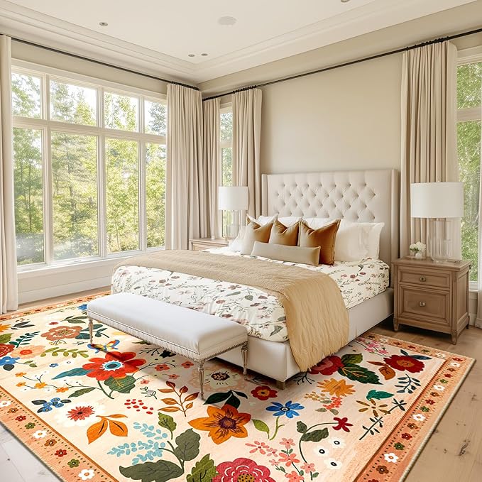 Floral 6x9 Area Rug Machine Washable Soft Print Boho Carpet Non Slip Doormat Low Pile Flower Area Rugs for Living Room Bedroom Nursery Kitchen Dining Room Indoor-Light Orange
