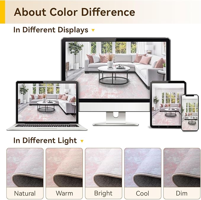 Washable Area Rugs 8ft Non-Slip Modern Abstract Soft for Living Room Entryway Bedroom Nursery, Print Pattern, Grey Pink