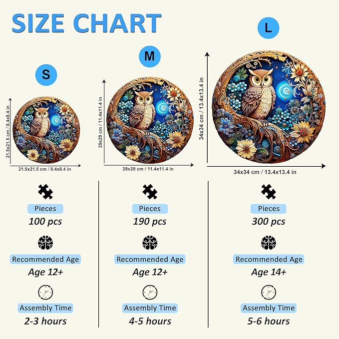 masseruon Wooden Puzzles for Adults-Moonlight Owl, Unique Shaped Jigsaw Puzzles for Adult(M, 190pieces, 11.4x11.4in), Beautiful Animal Shaped Wood Puzzles, Christmas Family Game Birthday Gift
