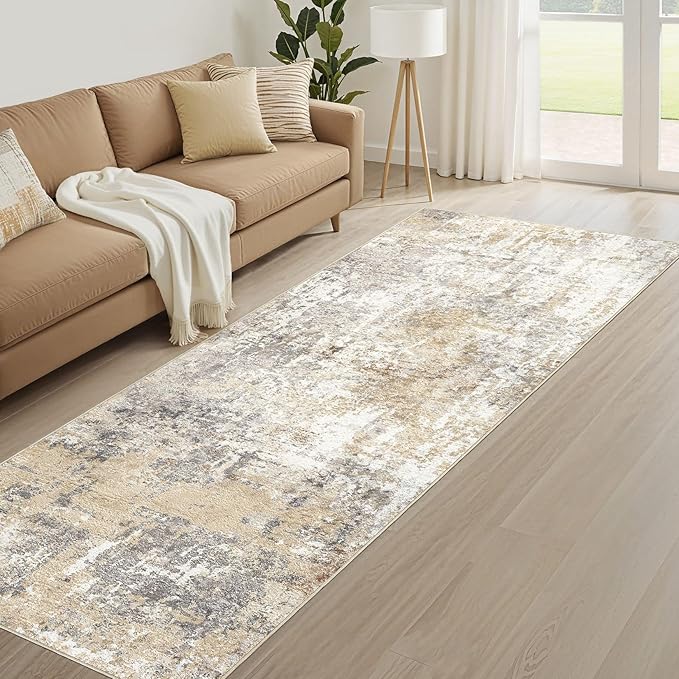 Runner Rug Kitchen Washable Rugs: 2x6 Non-Slip Abstract Soft Modern Stain Resistant Indoor Floor Neutral Accent Throw Carpet for Hallway Bathroom Laundry Room Entryway Bedroom- Gray Gold