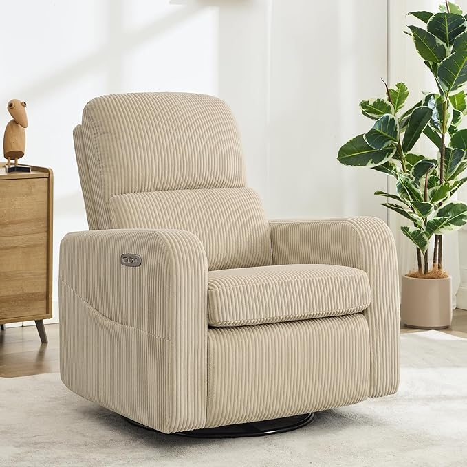 Swivel Rocker Recliner, Oversized Power Recliner Nursery Glider with Removable Cushion, Upholstered Swivel Reclining Chairs for Nursery Living Room Bedroom, Corduroy Camel