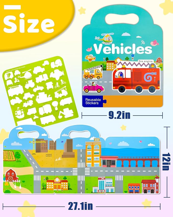 Benresive Reusable Sticker Books for Kids 2-4, Sticker Books for Toddlers 1-3 2-4, Toddler Travel Toys Activities Crafts Gifts - Vehicle