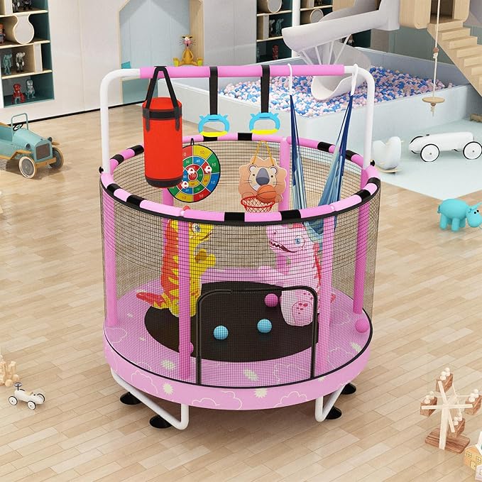 LAMERGE 55" 7-in-1 Round Trampoline for Kids Boys & Girls Ages 1-8, Indoor & Outdoor Trampoline for Fun, Adjustable Height Handrail & Enclosed Safety Net & Durable Designs for Toddlers Children