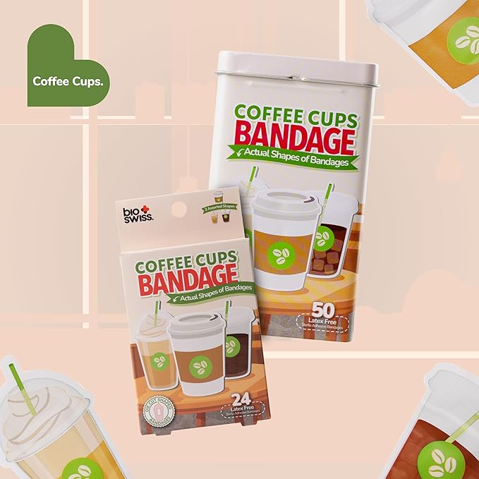 BioSwiss Bandages, Coffee Cup Shaped Self Adhesive Bandage, Latex Free Sterile Wound Care, Fun First Aid Kit Supplies for Kids, 50 Count