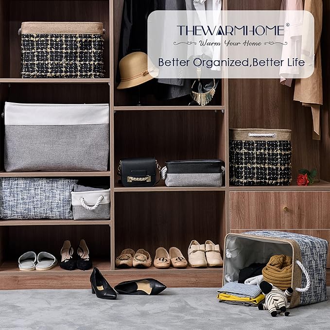 TheWarmHome Small Storage Baskets for Organizing,Storage Baskets for Shelves,Small Fabric Storage Bins W/Handles For Closet Nursery Toy Decorative Foldable (White&Grey, 11.8L*7.9W*5.2H-6 Pack)