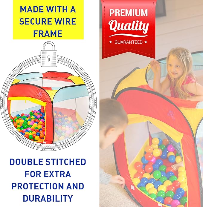 Kids Ball Pit Pop Up Large Tent for Toddlers - Indoor & Outdoor Gift Toys for Infants Girls & Boys, Baby Playpen with Zippered Storage Bag, 200 BallPit Balls Included