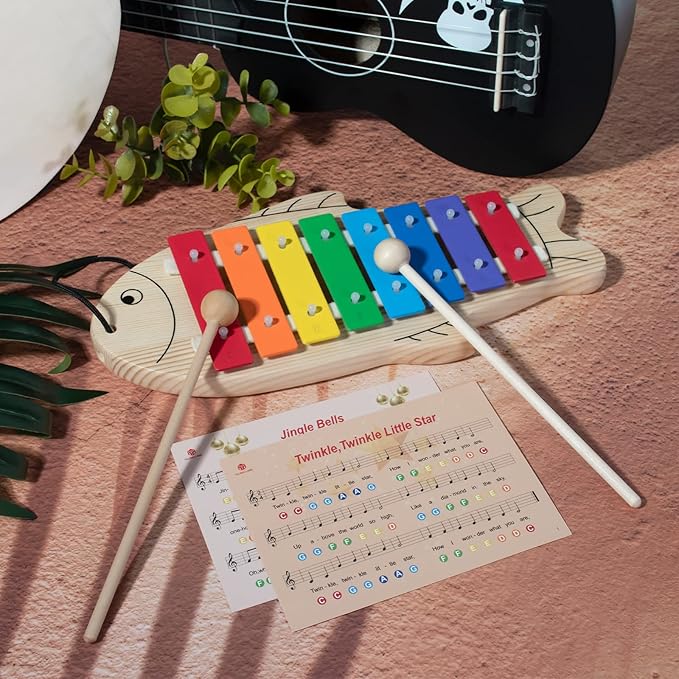 MUSICUBE Xylophone for Baby Toddler Fish Shape Wooden Xylophone with 2 Mallets Educational & Preschool Learning Percussion Instrument Professional Tuning Musical Toys for Kids Aged 3+