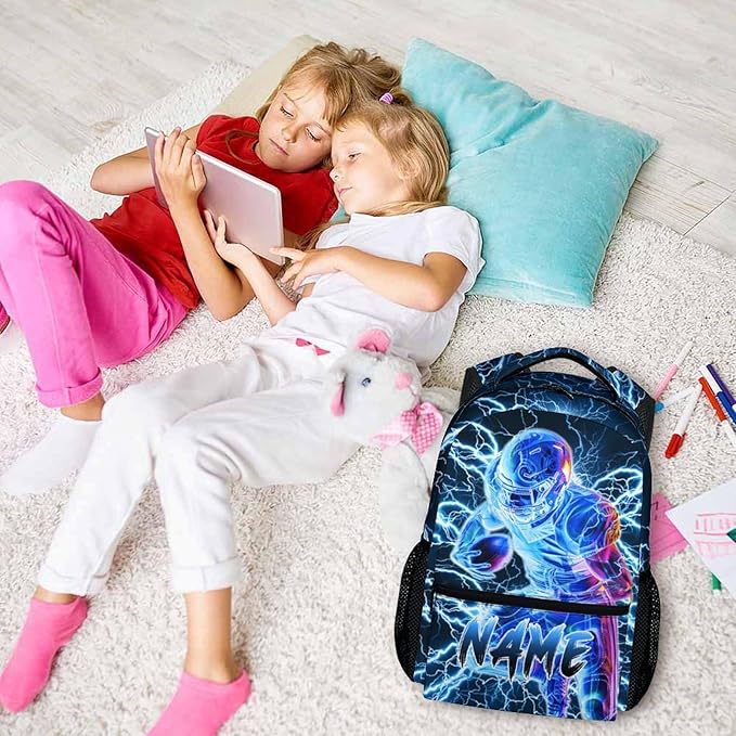 Boys School Backpack, Personalized Football Backpacks for Kids Kindergarten Senior Middle, 17 Inch Lightweight Lightning Bookbag with Custom Name, Cool Back to School Gift