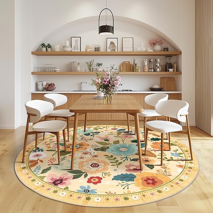 Floral 6ft Area Rug Machine Washable Soft Print Boho Carpet Non Slip Doormat Low Pile Flower Area Rugs for Living Room Bedroom Nursery Kitchen Dining Room Indoor-Ivory/Yellow