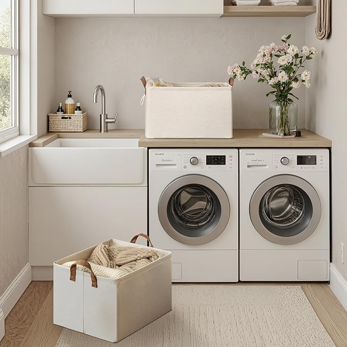 StorageWorks Storage Bins, Shelves Baskets for Organizing, 45L Extra Large Fabric Closet Organizers with Handles, Metal Frame, Beige(Cotton-linen), 2-Pack