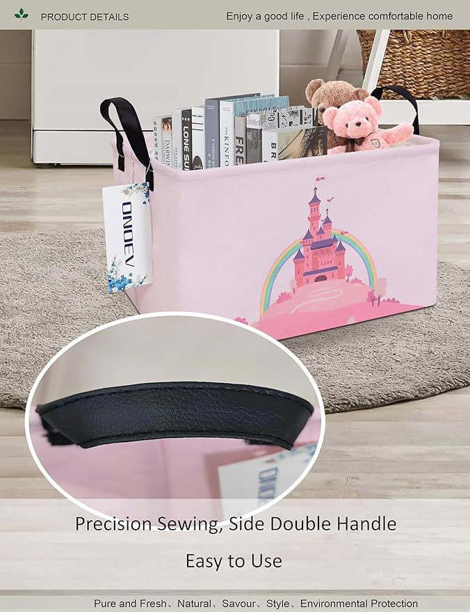 Rectangular Folding Laundry Basket,waterproof Canvas Basket,gift basket,Suitable for children's room,Office,Clothes,Toys Storage(Pink Castle)