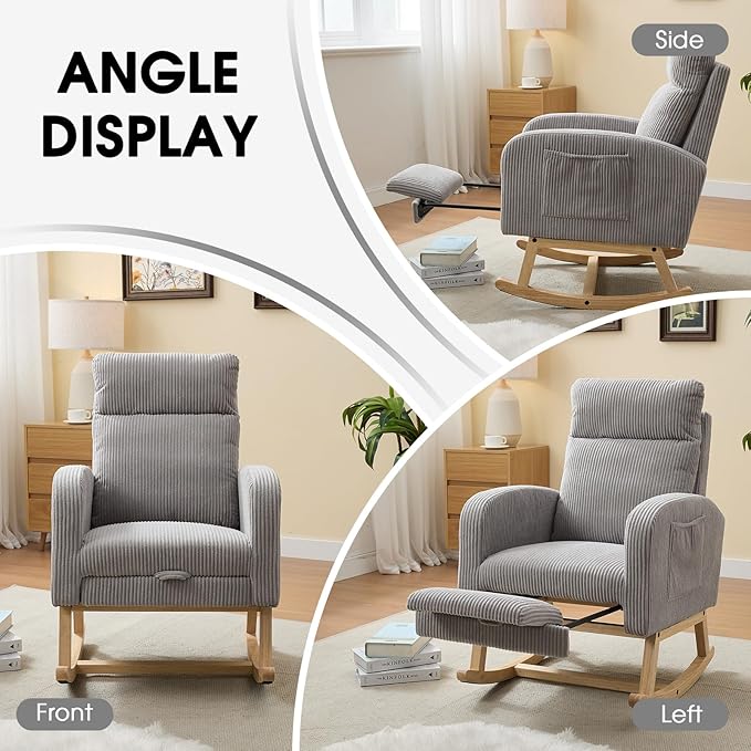 NIOIIKIT Nursery Rocking Chair, Corduroy Upholstered Rocking Chair with Adjustable Footrest, Tufted Rocker Chair with Side Pocket, Glider Rocker for Living Room, Bedroom (Gray Modern)